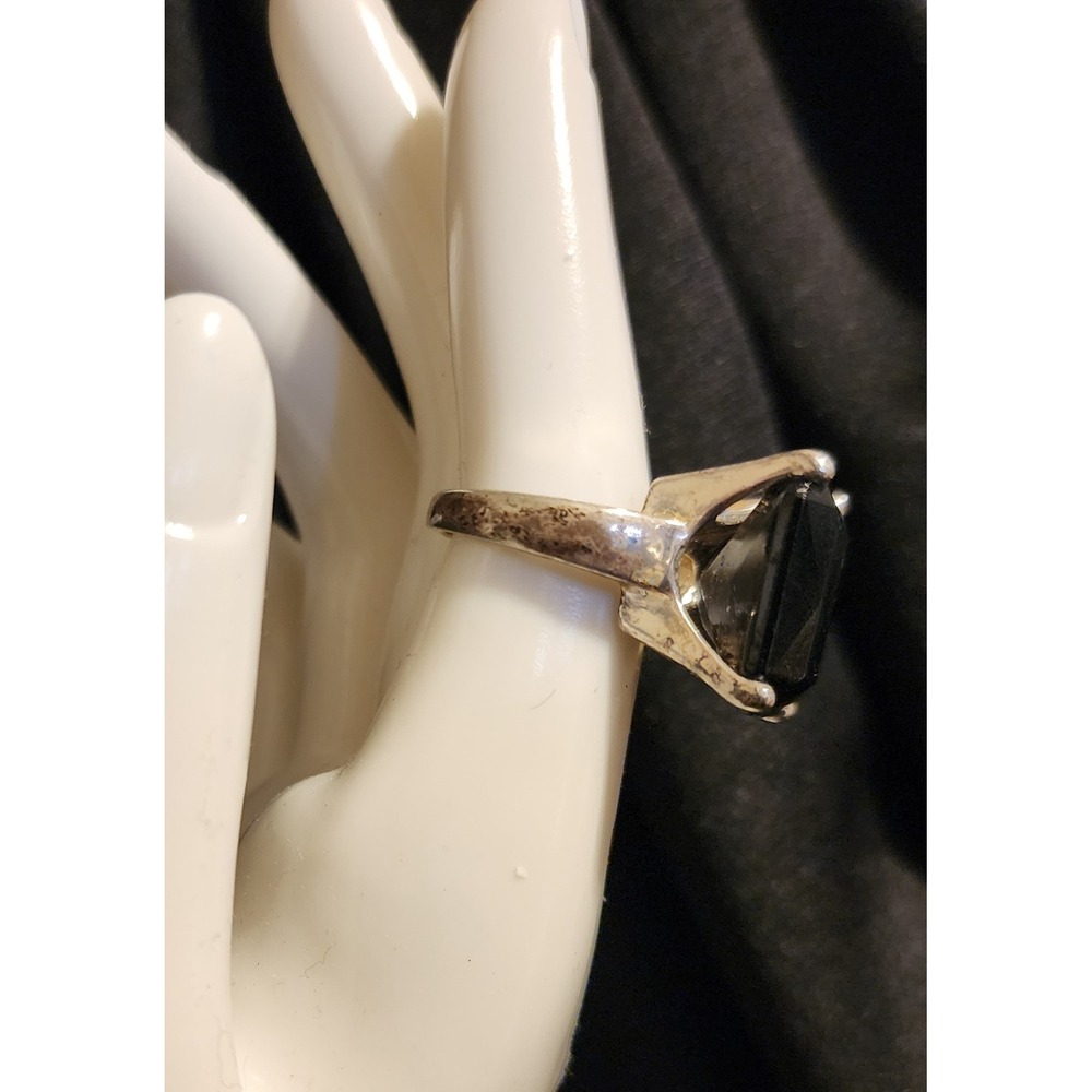 Vintage Black Emerald Cut Statement Cocktail Ring Silver Tone Size 6.5 Gothic - Picture 2 of 8